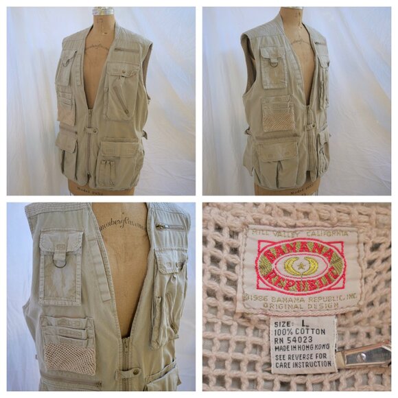 Vintage 80s BANANA REPUBLIC Mill Valley Safari Travel Khaki Photographer Vest L